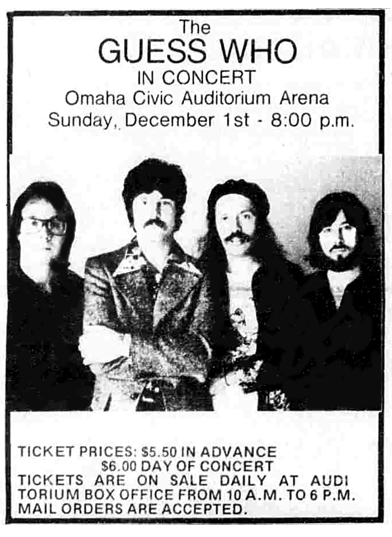 Dec 01, 1974: The Guess Who at Omaha Civic Auditorium Omaha, Nebraska,  United States | Concert Archives