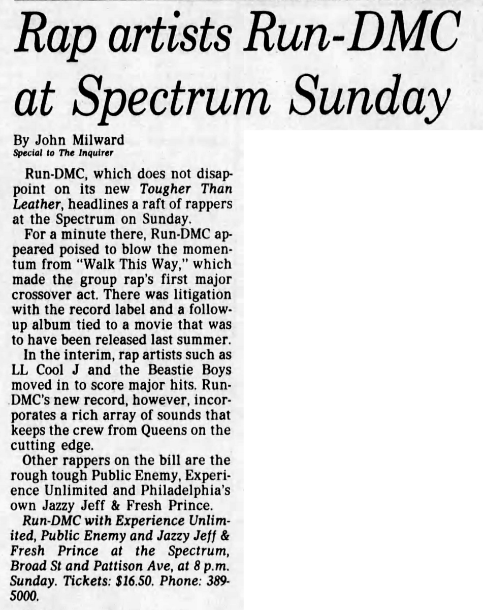 May 29, 1988: Run DMC / Public Enemy / DJ Jazzy Jeff & the Fresh Prince /  Experience Unlimited at The Spectrum Philadelphia, Pennsylvania, United  States | Concert Archives