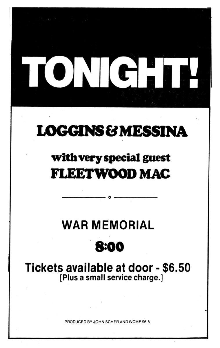Oct 08, 1975: Loggins & Messina / Fleetwood Mac at War Memorial Rochester,  New York, United States | Concert Archives