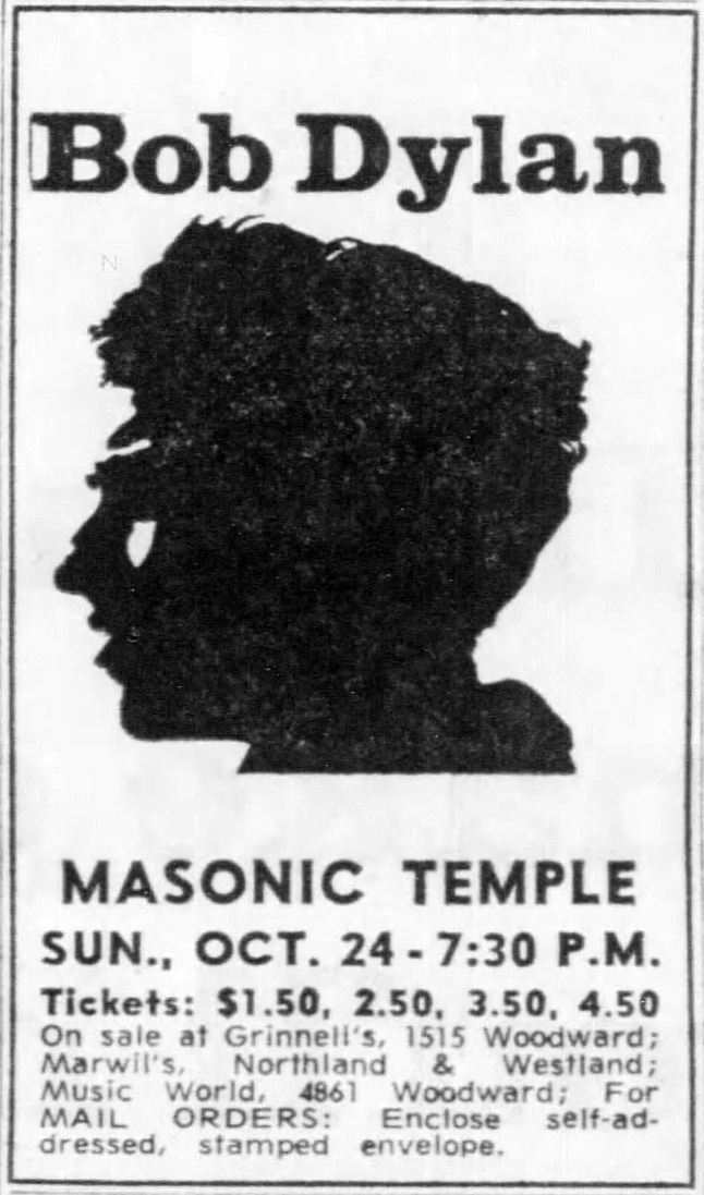 Oct 24, 1965: Bob Dylan at Masonic Temple Detroit, Michigan, United States  | Concert Archives