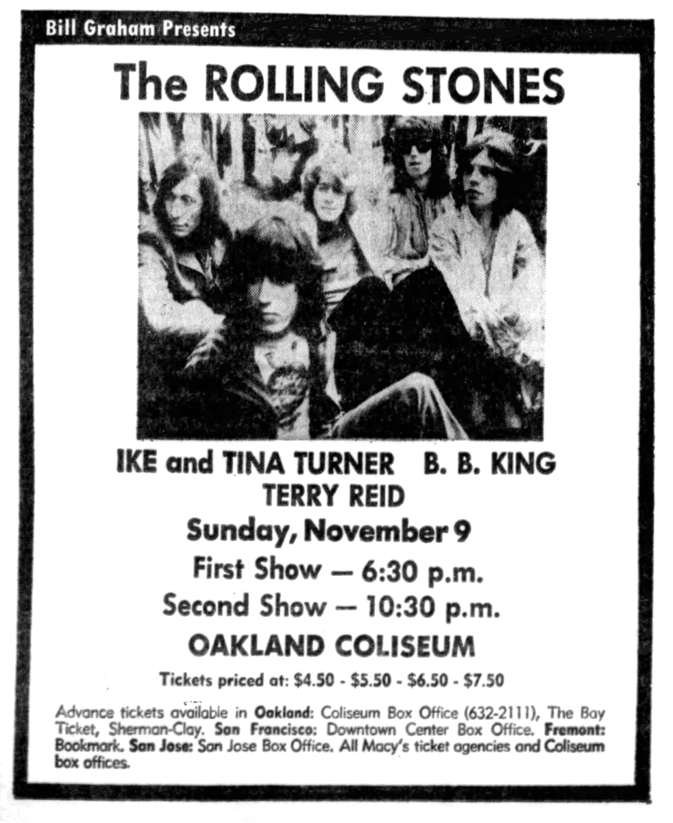 Nov 09, 1969: The Rolling Stones / Ike & Tina Turner / B.B. King / Terry  Reid at Oakland-Alameda County Coliseum Oakland, California, United States  | Concert Archives